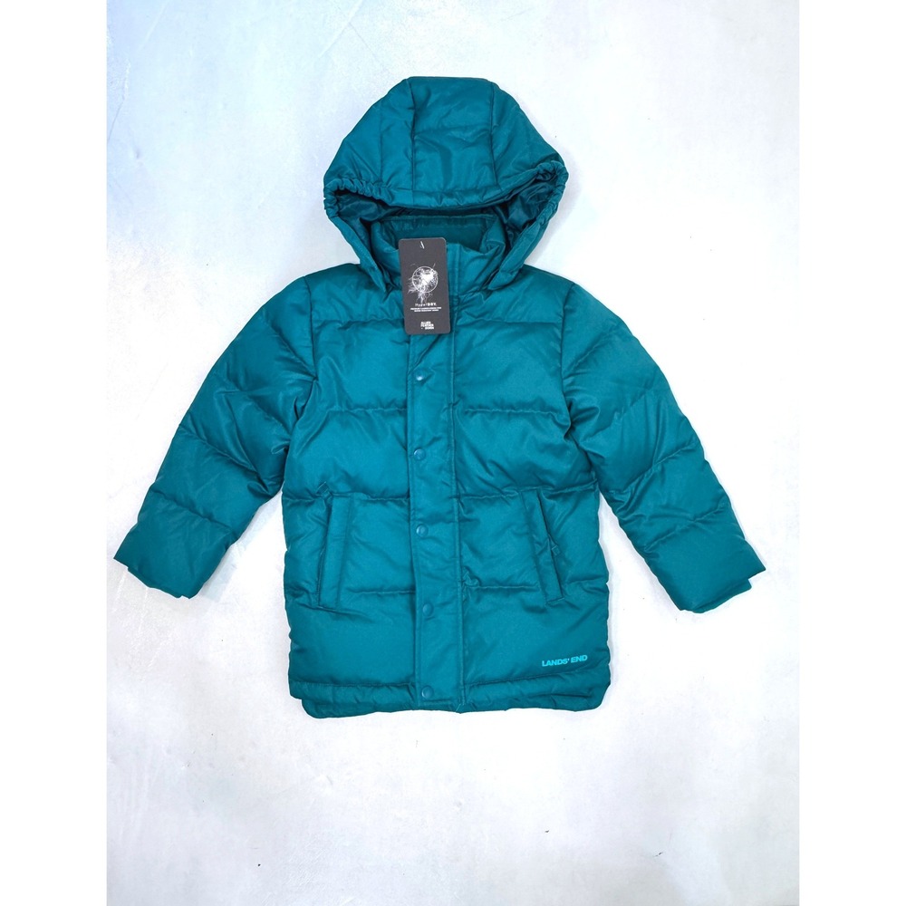 LANDS END NEW Kids Down Puffer Jacket Coat XS 4 or 5 Teal Green Hood Winter Snow